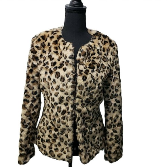 Red Snap Leopard Jacket Furry Hook and Eye Closure - Picture 1 of 7